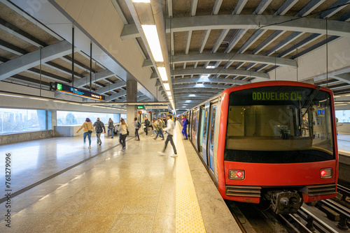 passenger carriage composition on covered platform of Sr.Roubado metro station, Lisbon-Portugal