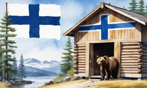 Symbol associated with the country Finland - watercolor illustration. A wise brown bear, a symbol of Finland's strength and independence, stands protectively in front of a traditional wooden cabin. photo