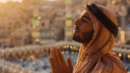 A devout man in a kufiya prays against the background of a mosque, observing Muslim traditions. The concept of Muslim traditions. Ramadan, Eid al-Fitr (Uraza-Bayram), and Eid al-Adha (Kurban-Bayram)