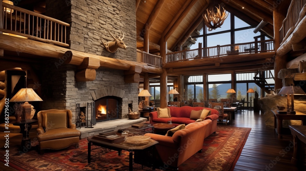 Sumptuous log cabin great room with soaring cathedral ceilings of rough-hewn timbers and massive stone fireplace Sumptuous log cabin great room with soaring cathedral ceilings of rough-hewn timbers and massive stone fireplace
