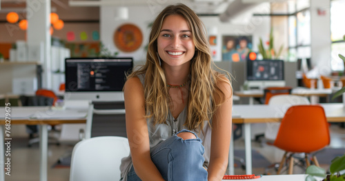 interior design studio, with a smiling woman sitting at a desk