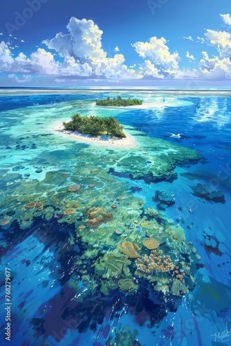 A painting depicting a vibrant coral atoll island standing in the center of the vast ocean, with clear blue waters and a cloud-filled sky above