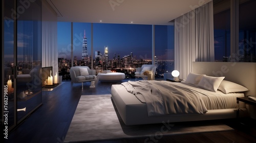 Swanky hotel penthouse bedroom with panoramic city skyline views © Aeman