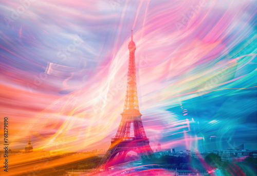 Vibrant colorful Eiffel Tower in Paris, France. Romantic travel background, postcard. Travel to French capital  © Michael