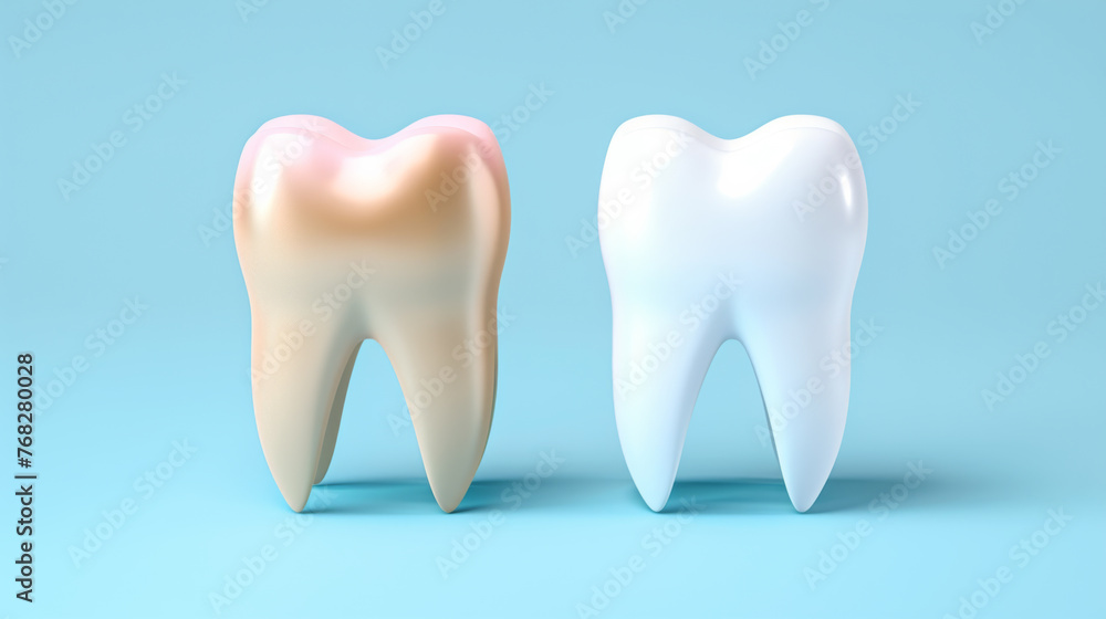 Two teeth, one of which is clean and the other is yellow. The yellow tooth has a brownish tint to it Two teeth, one of which is clean and the other is yellow. The yellow tooth has a brownish tint to it
