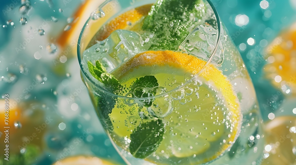 Refreshing summer mojito citrus, mint, ice, and bubbles in glass
 - obrazy, fototapety, plakaty 