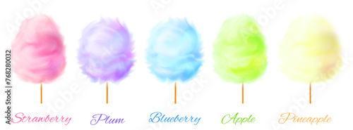 3D set of cotton candy fruit flavors. Pineapple, Blueberry, Apple, Plum, Strawberry. Vector illustration isolated on white background.
