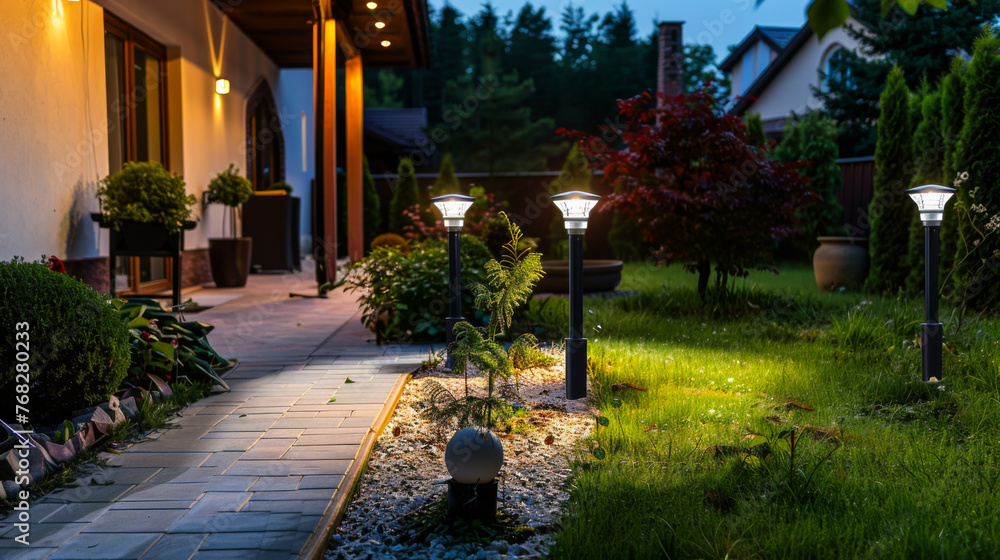 A well-lit garden with a pathway and a patio. The lights are on, creating a warm and inviting atmosphere.