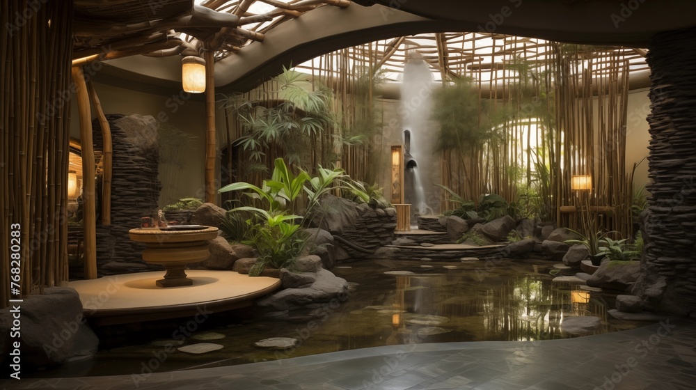 Fototapeta premium Two-story indoor bamboo garden retreat with stone lanterns, curved bridges, babbling water features and woven wood accents