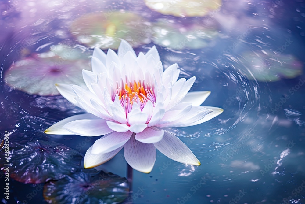 Floating lotos flower in blue water, spiritual landscape, japanese inspiration, thai art natural relaxing background
