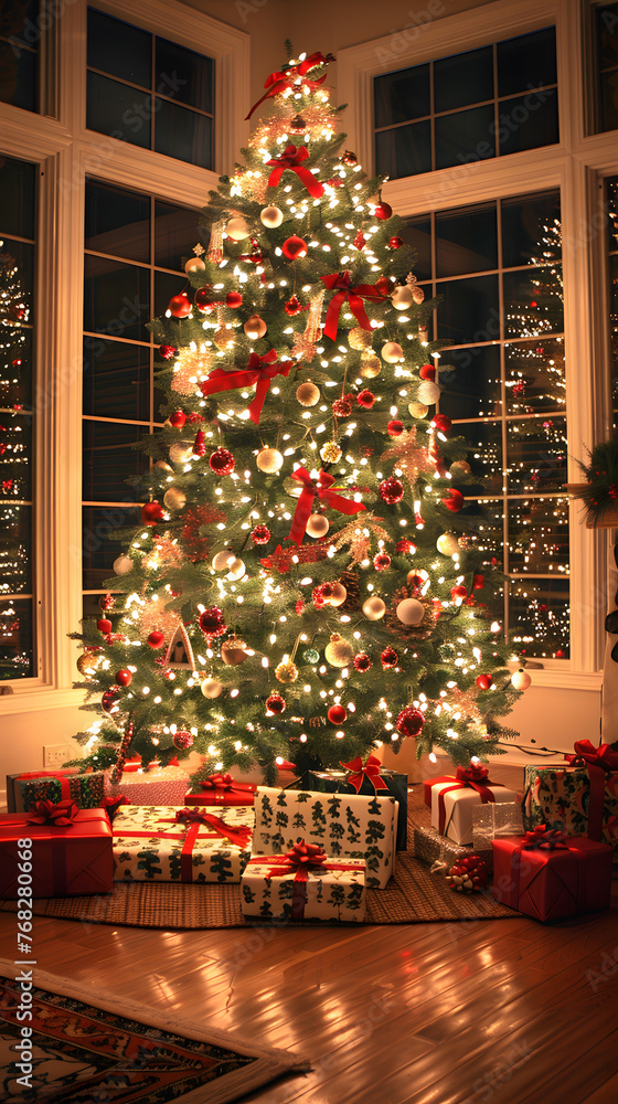The evergreen Christmas tree stands tall in the living room, adorned with holiday ornaments and surrounded by presents. It adds a festive touch to the interior design of the home