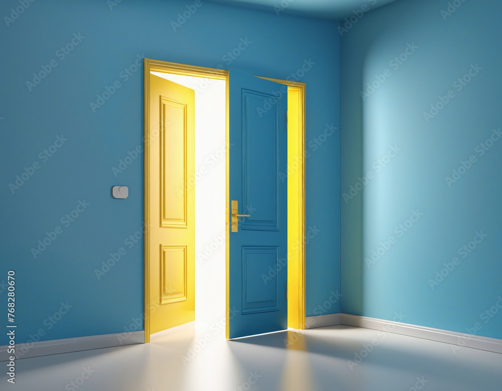 3d render, yellow light going through the open door isolated on blue background. Architectural design element. Modern minimal concept. Opportunity metaphor. 3d render, yellow light going through the open door isolated on blue background. Architectural design element. Modern minimal concept. Opportunity metaphor.
