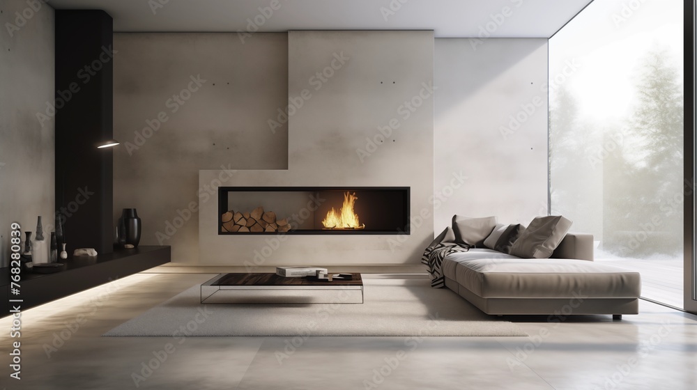 Ultra-modern minimalist living room with polished concrete, sleek fireplace, and hidden AV systems Ultra-modern minimalist living room with polished concrete, sleek fireplace, and hidden AV systems