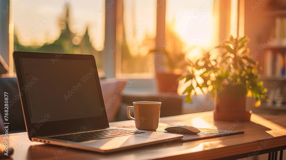 A cozy home office setup with a laptop on a desk during sunset, offering a warm and productive ambiance. A cozy home office setup with a laptop on a desk during sunset, offering a warm and productive ambiance.