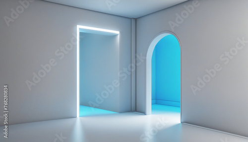 3d render, abstract minimalist blue geometric background. Bright neon light. Doorway portal glowing in the dark