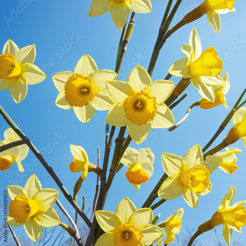 Beautiful floral spring abstract background of nature. Branches of blossoming yellow daffodils macro with soft focus on gentle light blue sky background.
