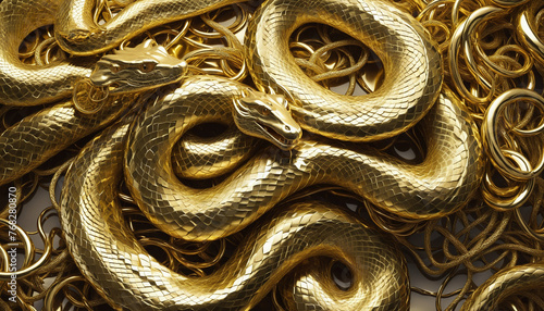 3d render, abstract fantasy background with wavy tangled golden snakes, shiny metallic dragon scales texture, fashion wallpaper