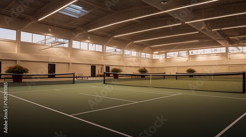 Upscale indoor tennis court with professional surfaces, viewing area, and locker rooms