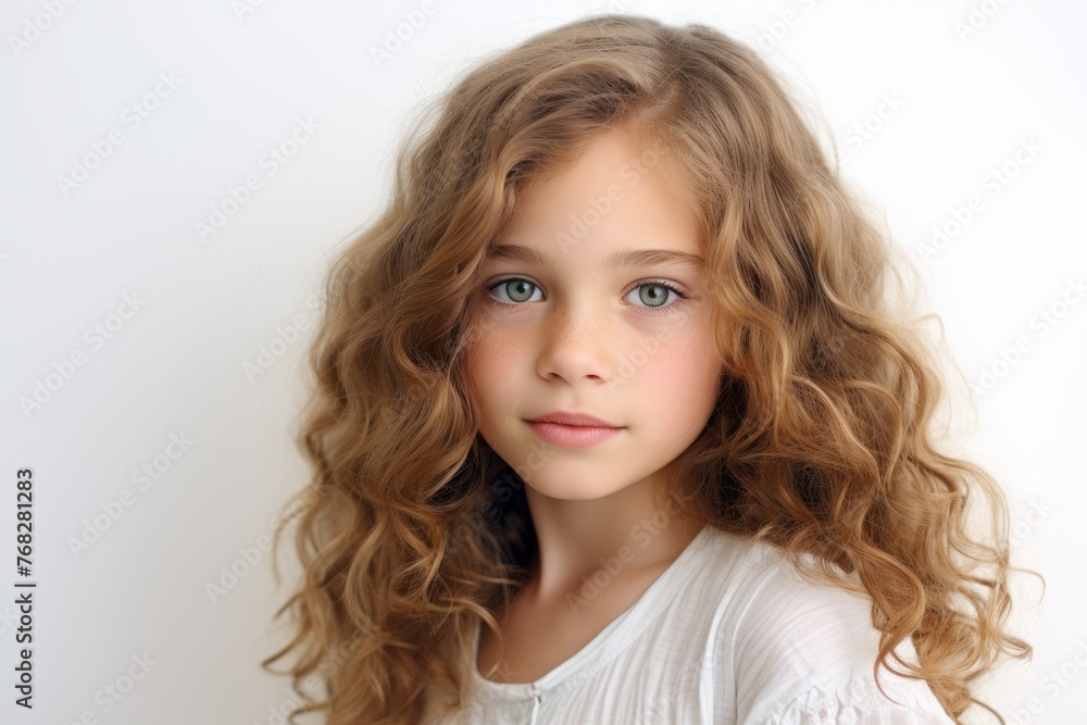 Portrait of a beautiful little girl with long curly hair on a white background Portrait of a beautiful little girl with long curly hair on a white background
