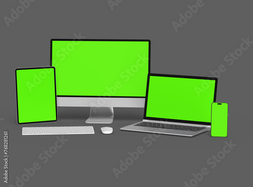 3d render of desktop, laptop, smartphone and tablet on a dark background