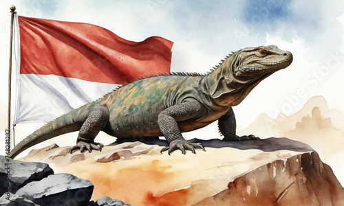 Symbol associated with the country Indonesia - watercolor illustration. Massive Komodo dragon standing on a volcanic rock  symbolizing Indonesia s strength  power  and exotic beauty.