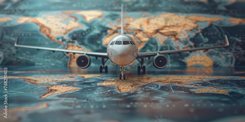 An illustration of a small jet plane in the background and below it a map of the world with continents all as a symbol of operability in many destinations