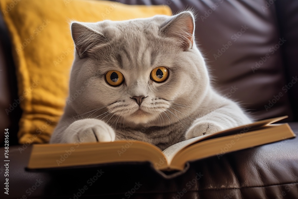 Snapshot of a British Shorthair Cat Enjoying a Book on the Sofa, Using Its Paw to Flip Pages Snapshot of a British Shorthair Cat Enjoying a Book on the Sofa, Using Its Paw to Flip Pages