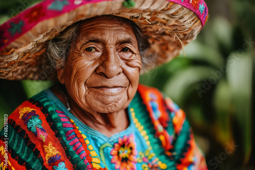 An elderly woman in a colorful traditional dress, smiling warmly, embodying cultural richness and history.