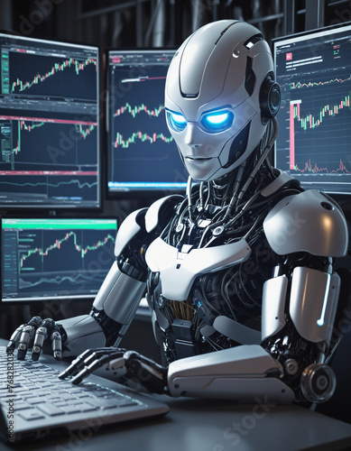 robot or automated software executing financial stock market trades, mixed digital 3d illustration and matte painting.