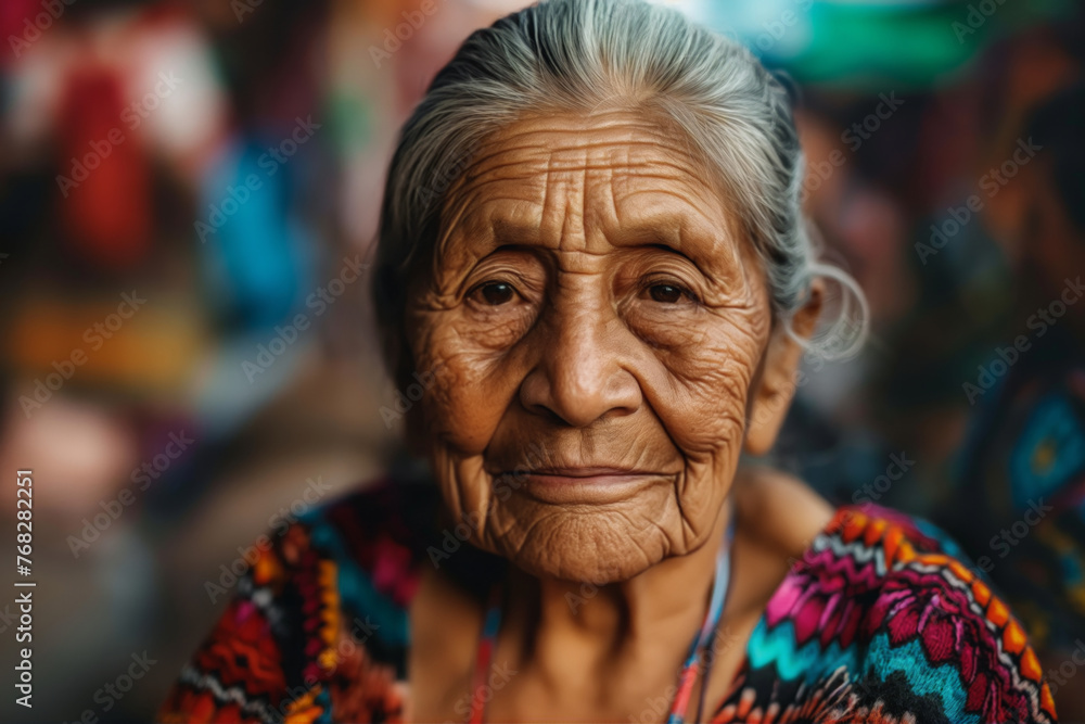 Elderly woman with a wise and serene expression, embodying a lifetime of stories and strength.