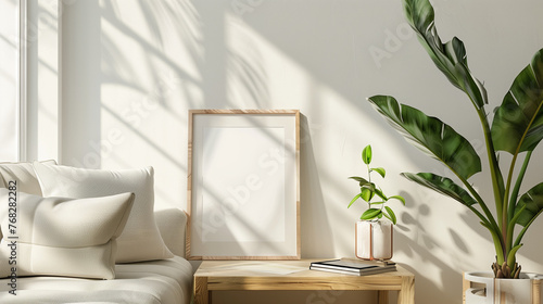 A mockup Image of a Photo Frame in a bright and elegant living room