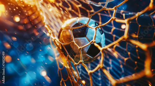 A soccer ball is stuck in a net. Concept of excitement and anticipation for a soccer game.