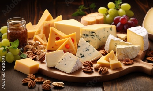 A cheese board with a wide variety of delicious cheeses like cheddar, feta, brie