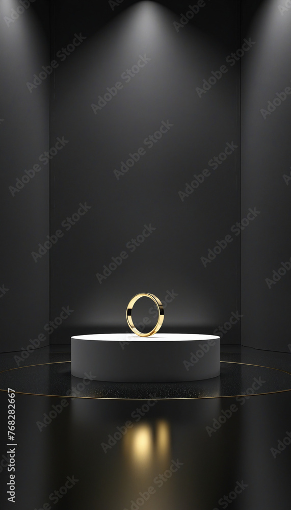 3d render, abstract minimal black background with blank hemisphere podium, golden ring and reflection in the water on the wet floor. Classy showcase with space for product presentation in stories