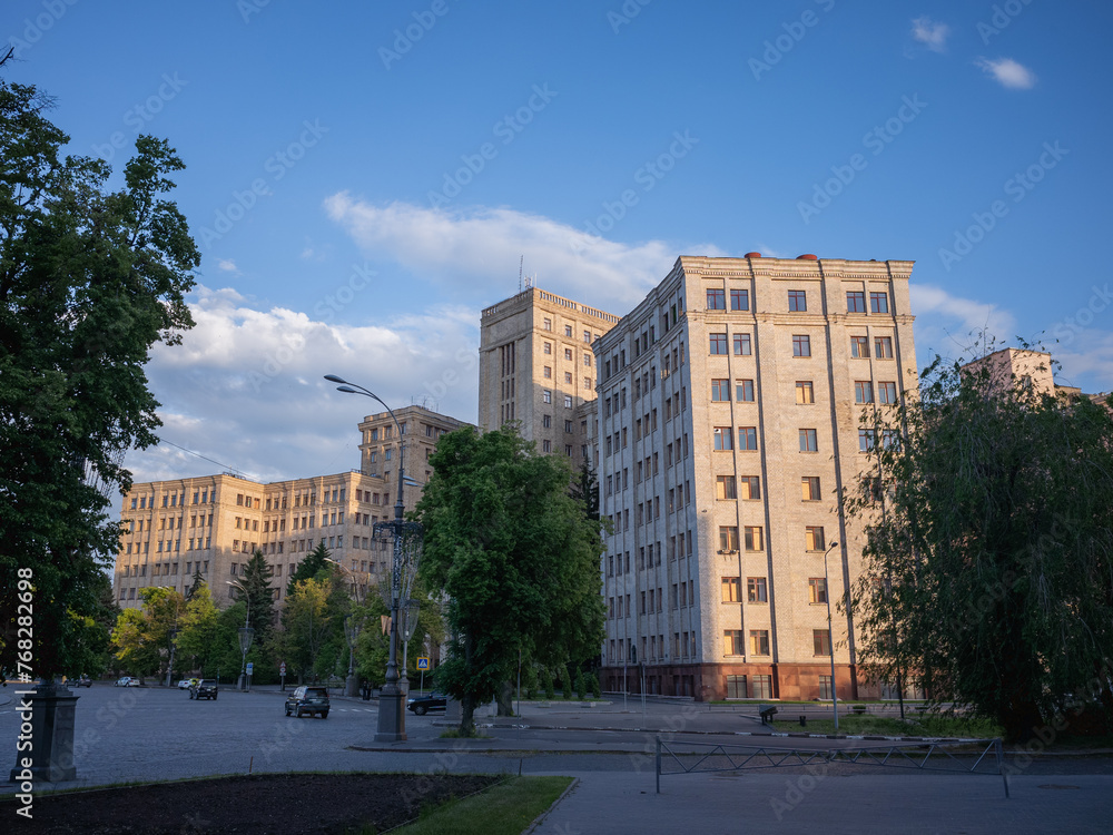 evening blue sky and exterior of kharkiv university in freedom square in kharkiv