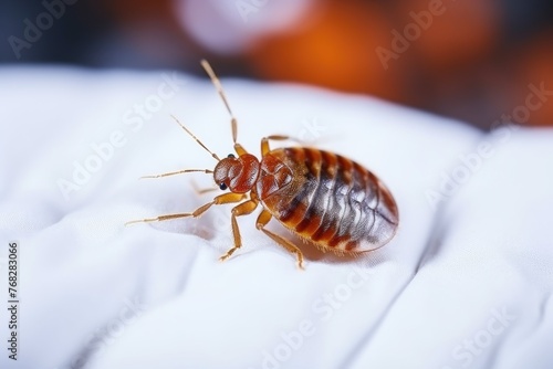 Macro shot of a single bedbug crawling on a white fabric surface, highlighting detail and texture. Close-Up of Bedbug on White Fabric photo