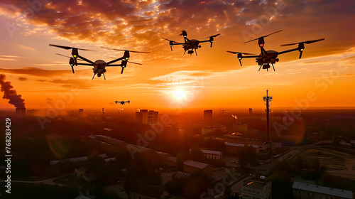 Group of four planes flying in the air at sunset or dawn with city in the background. photo