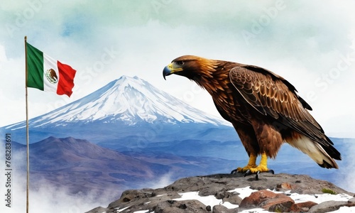 Symbol associated with the country Mexico - watercolor illustration. A mighty golden eagle, symbol of Mexico, soars majestically above the peaks of Popocatépetl volcano. photo