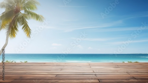 Wooden table top on blur beach background, display or montage products