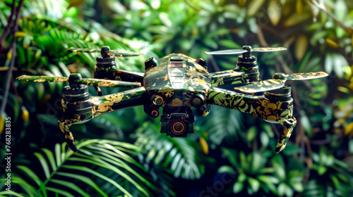 Close up of green and yellow remote control flying over forest.