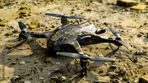 Black and gold remote control helicopter on dirt ground with rocks and gravel around it.