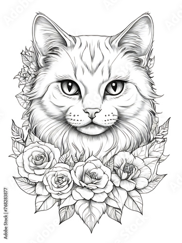Cat flower outline shape coloring page ai generated