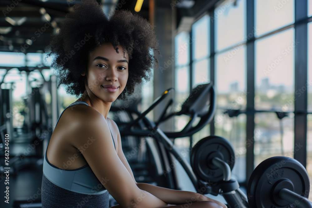 Woman Exercising in Gym with City View Woman Exercising in Gym with City View