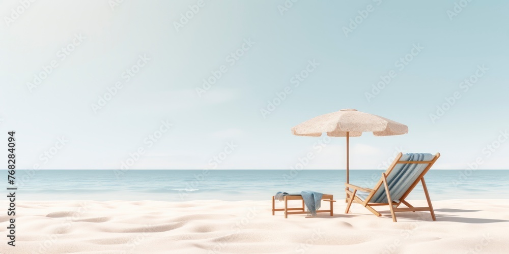 Beach chair and umbrella on the sandy beach.