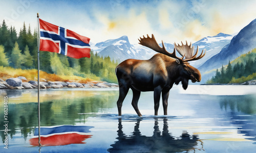 Symbol associated with the country Norway - watercolor illustration. Majestic moose standing on a pristine fjord, reflecting Norway's strength and connection to nature.