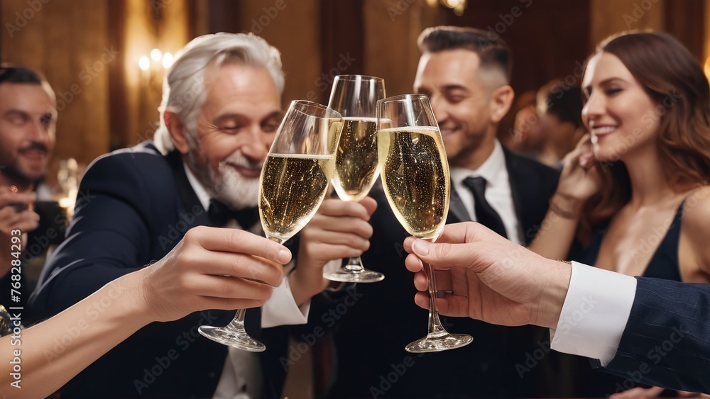 The clink of glasses of champagne in hands against the backdrop of people with bright lights The clink of glasses of champagne in hands against the backdrop of people with bright lights