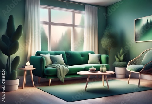 Scandinavian-style living room with a green sofa
