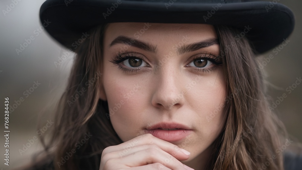 Close up portrait of a Beautiful girl in a dark hat romantic woman .Pretty tenderness model looking at camera. Close up portrait of a Beautiful girl in a dark hat romantic woman .Pretty tenderness model looking at camera.