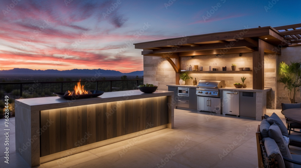 Obraz premium Custom outdoor kitchen at dusk