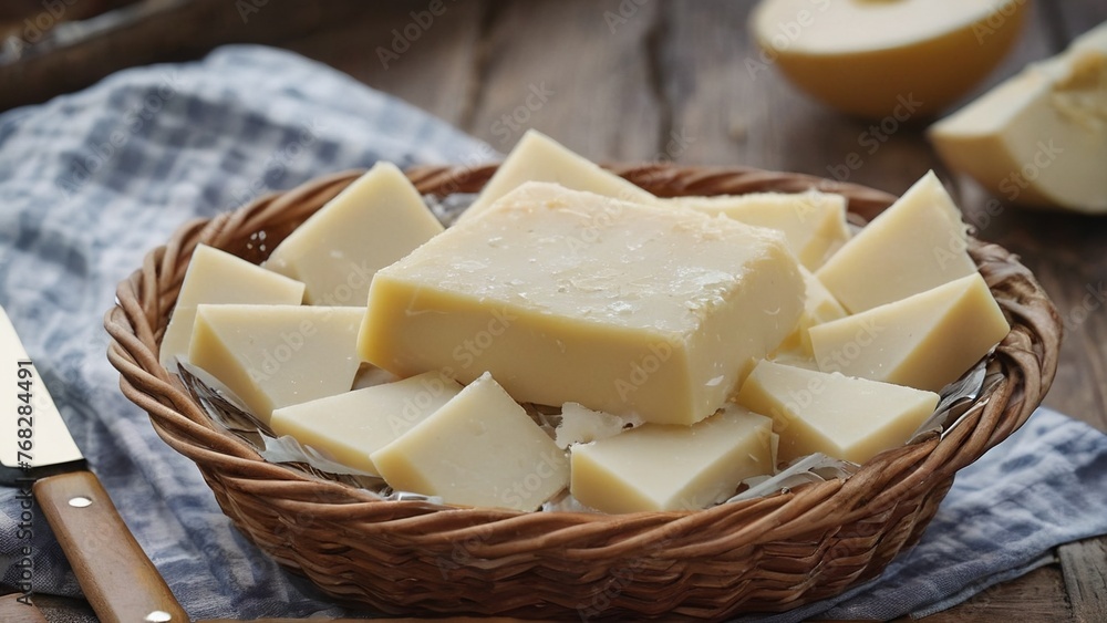 ?heese in a wicker basket on the table a wooden background ?heese in a wicker basket on the table a wooden background